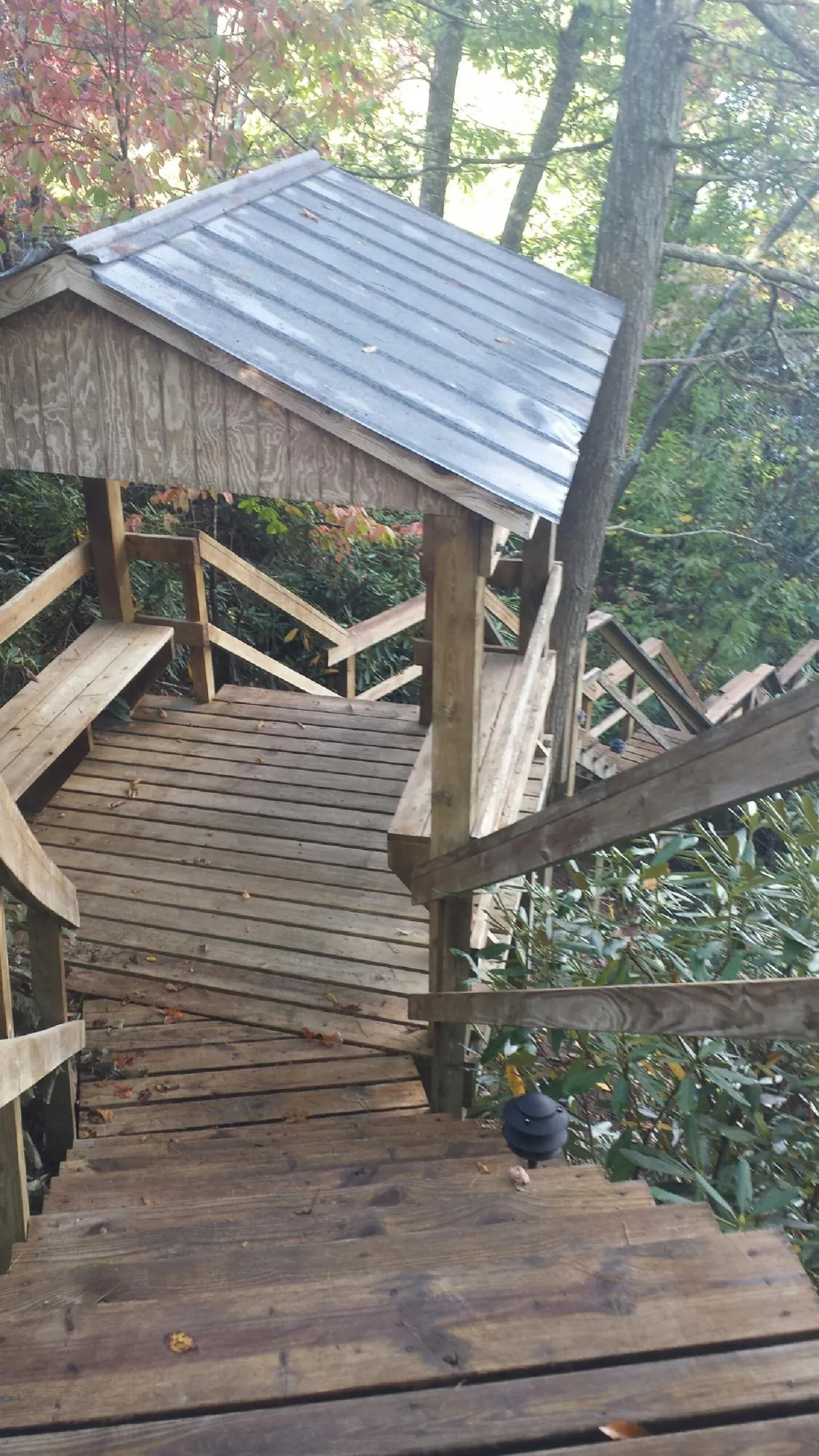 Metal roofed shelter over wooden steps on a wooded walkway — Skylight Repair & Installation work by our crew in Mullan